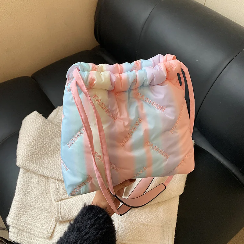 нейлоновая мягкая сумка модная маленькая сумка-ведро зимний пух на шнурке через плечо сумки для женщин зимняя сумка через плечо shopper pack