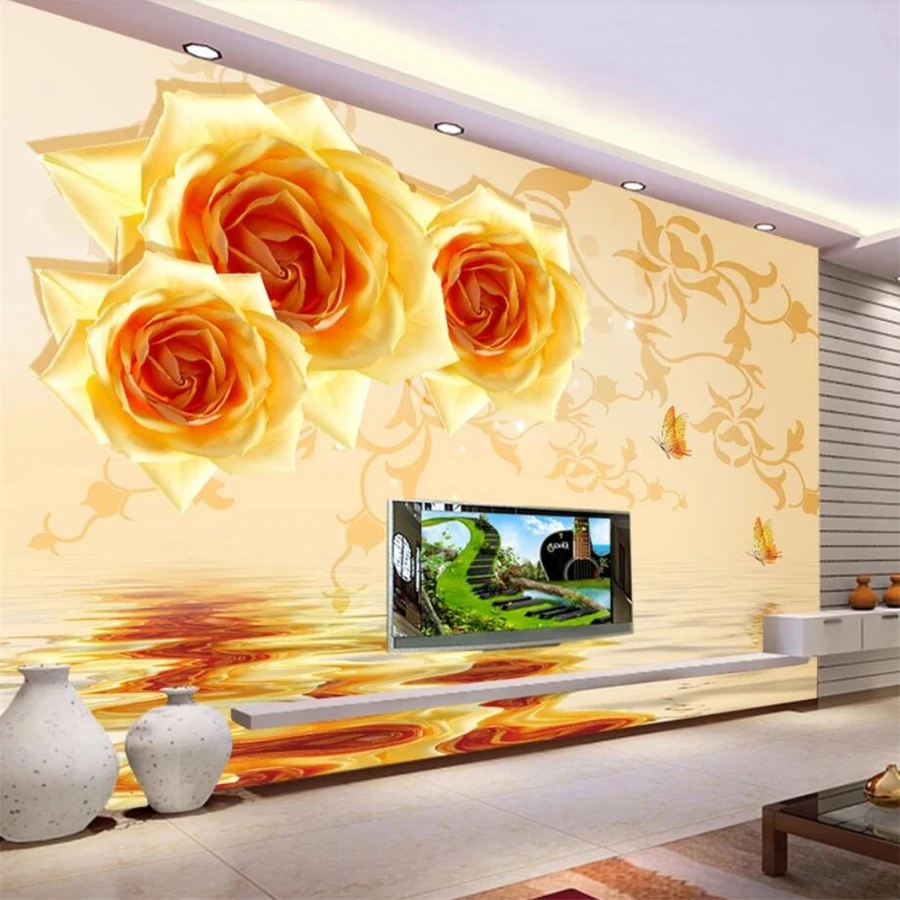 beibehang Пользовательские фрески 3d фотообои вода золотая роза отражение фон роспись стены гостиная спальня обои
