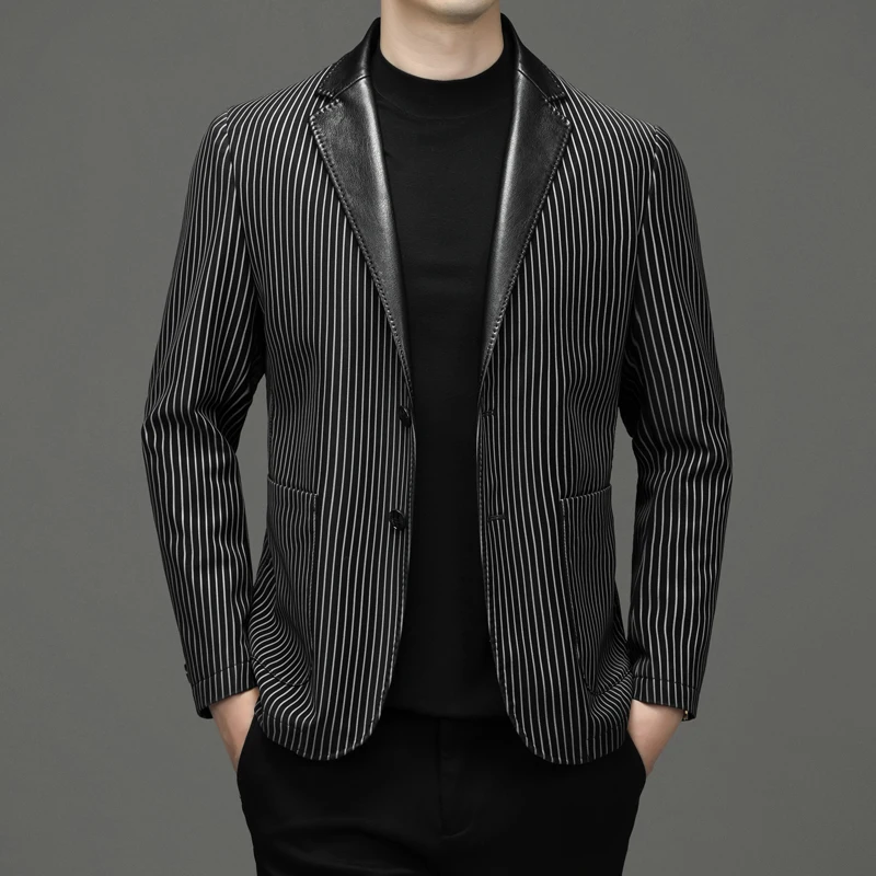 Новый высококлассный кожаный мужской подходящий полосатый британский модный джентльменский пиджак кожаная куртка повседневный тонкий свадебный блейзер