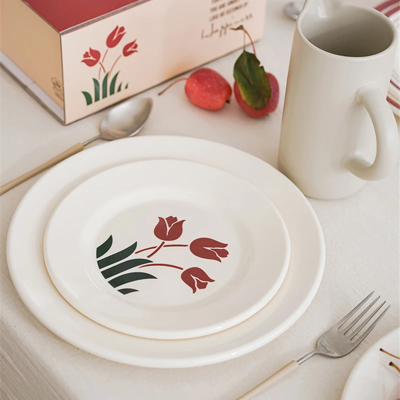  Винтажная обеденная тарелка с тюльпаном Меламиновая фруктовая десертная тарелка Простая имитация фарфора Круглое блюдо Изысканная домашняя кухонная посуда