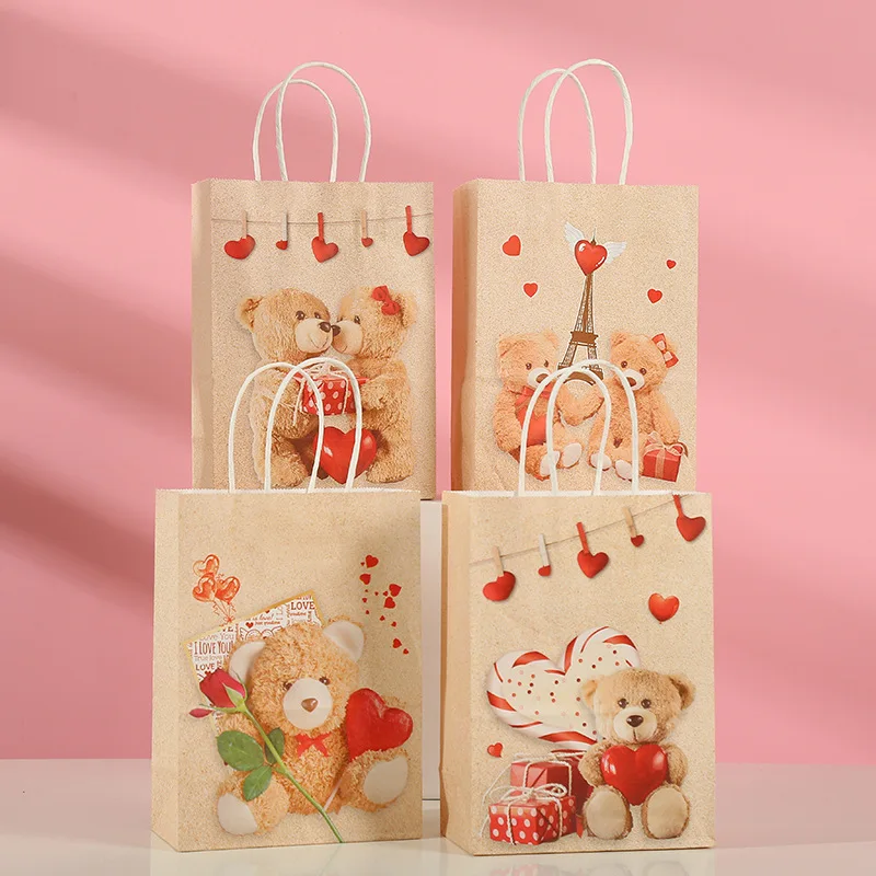 1 шт. Симпатичный плюшевый мишка Большая сумка Love Bear Hand Kraft Paper Bag День святого Валентина Праздничный сопровождающий подарочный пакет