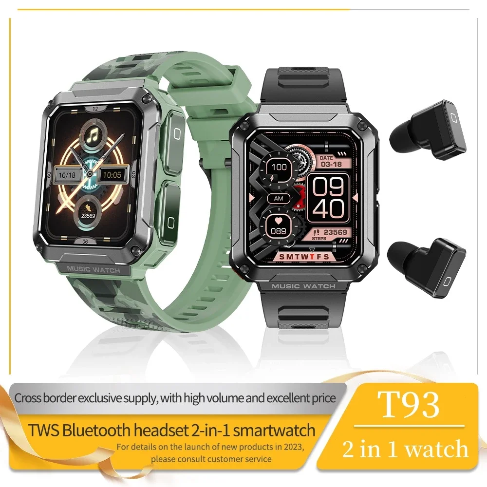 T93 Смарт-часы с наушниками 2 в 1 Фитнес-трекер 1,96-дюймовый HD-экран Bluetooth Call Sport Мужчины Смарт-часы Браслет с наушниками