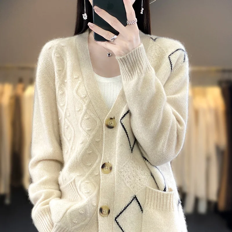 кардиган из 100% чистой шерсти Новый женский свитер с V-образным вырезом Удобное и универсальное женское пальто осенне-зимнего трикотажа с длинным рукавом