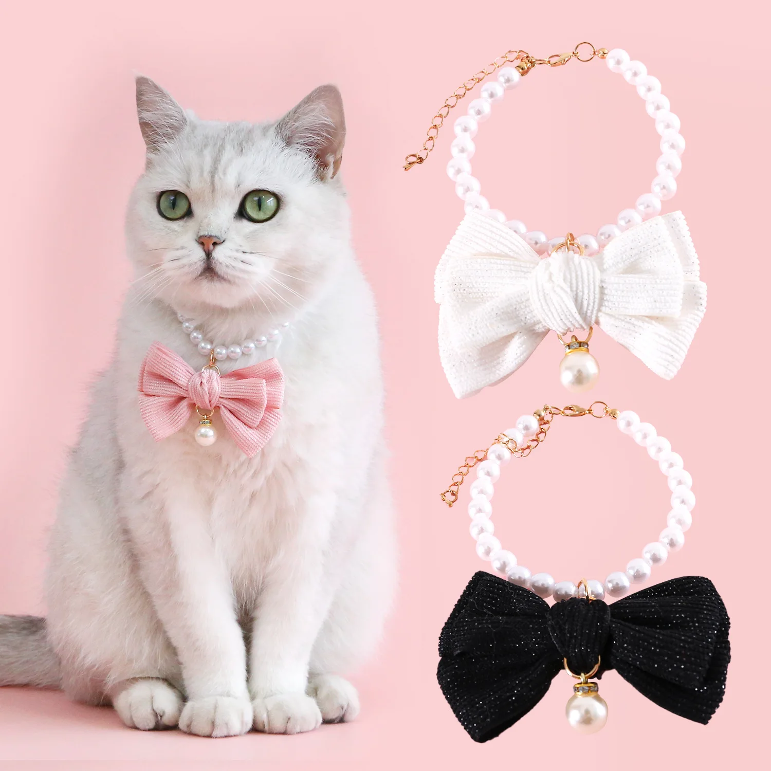 Модное жемчужное ожерелье с бриллиантовым ошейником для собак Элегантный лук в стиле принцессы Ошейник для домашних животных Бархатный галстук-бабочка Кулон для кошек