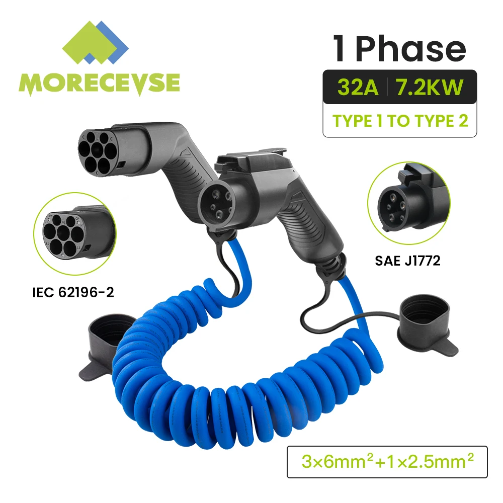 Morec Зарядный кабель для электромобилей 32 A 7,2 кВт 1 фаза Шнур для автомобильной зарядной станции Тип 1 - Тип 2 Адаптер вилки J1772 5M