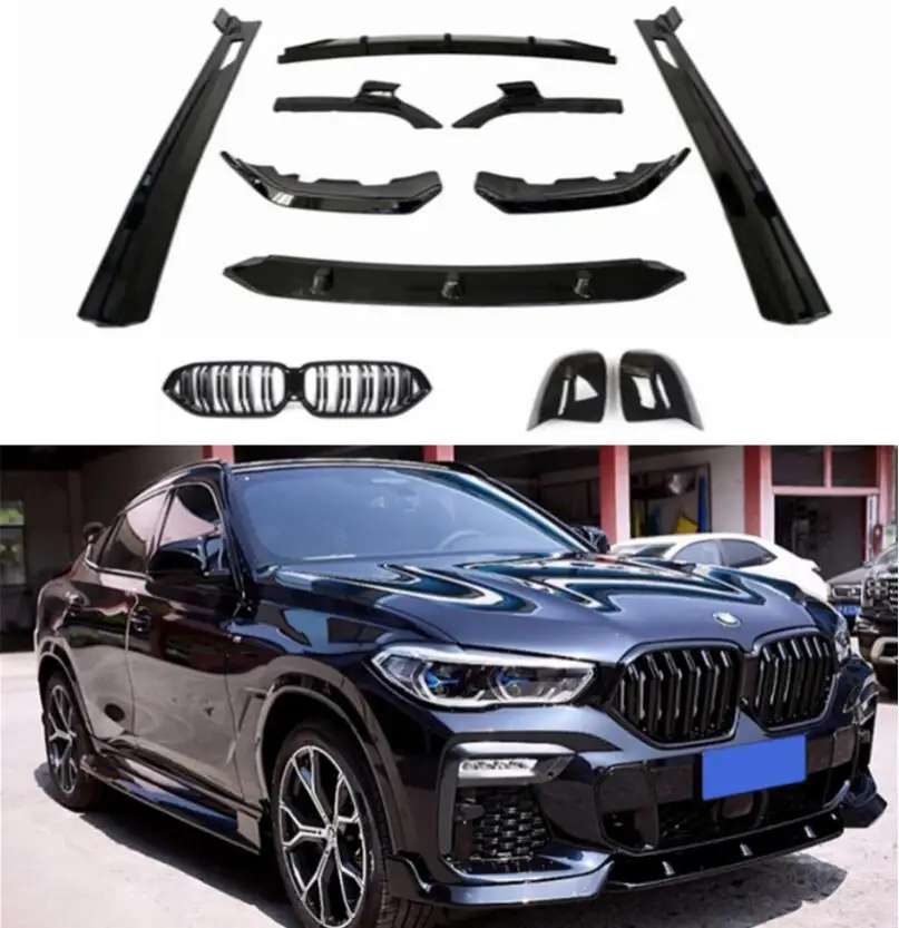 Кромка переднего бампера + решетки + задний спойлер + диффузор багажника + боковая юбка кузова для BMW X6 G06 2019 2020 2021 ABS Глянцевый черный