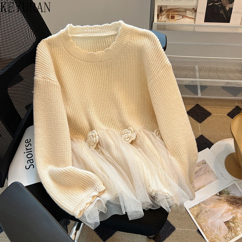 Сладкий цветочный сетчатый вязаный свитер женский пуловер 2023 осень элегантная мода с длинным рукавом трикотажные топы леди свободный джемпер