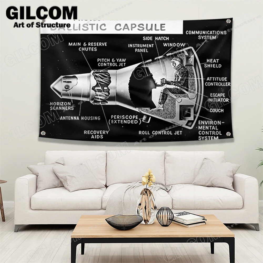 Баллистическая капсула Структурная диаграмма Баннер Флаг Ракета Astronaunt Полет Плакат Искусство Дизайн Винтажная диаграмма Гараж Клуб Кабинет
