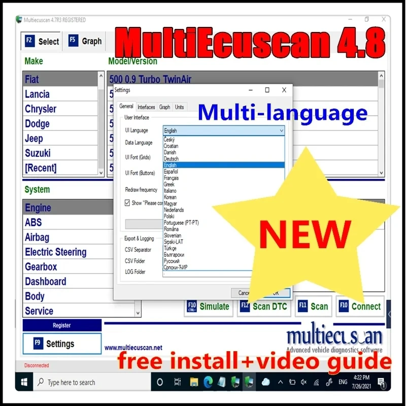 Новый Multiecuscan V4.8, зарегистрированный для работы сканера Fiat/Chrysler/Dodge/Jeep/Suzuki с диагностическим инструментом ELM327 / OBD II