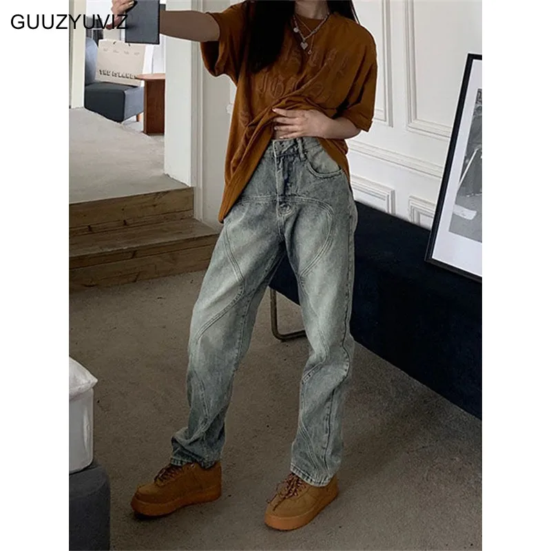 GUUZYUVIZ Свободные мешковатые джинсы с высокой талией для женщин Y2k Корейская мода Повседневная Vinatge Стиранные прямые джинсовые женские брюки