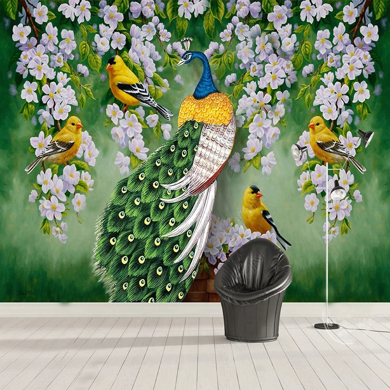 Custom 3D Фото Красивые рельефные обои с павлином цветком и птицей для гостиной Украшение стены спальни Нетканая соломенная текстура