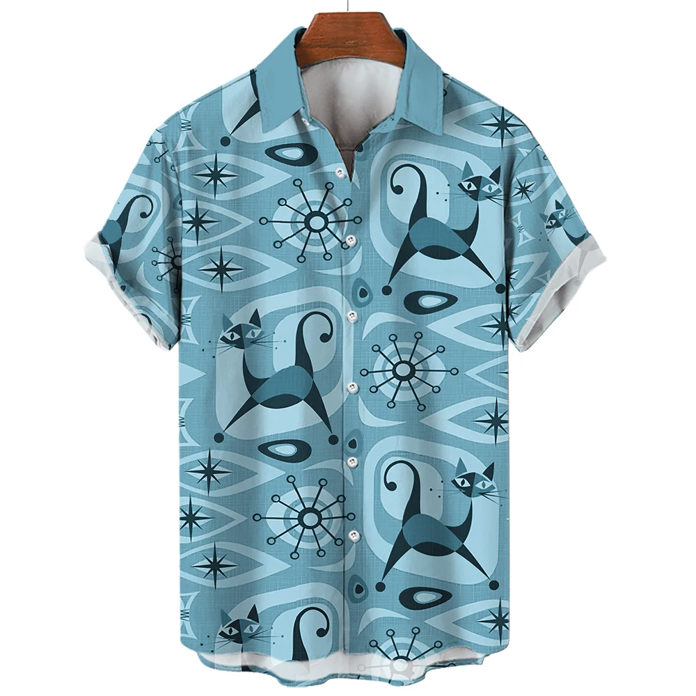 2023 Лето Милый Кот Ретро Рубашка Гавайи Мода Супер Большой 3D-принт Однобортный Поло Шея Повседневный Дизайнер Топ с коротким рукавом