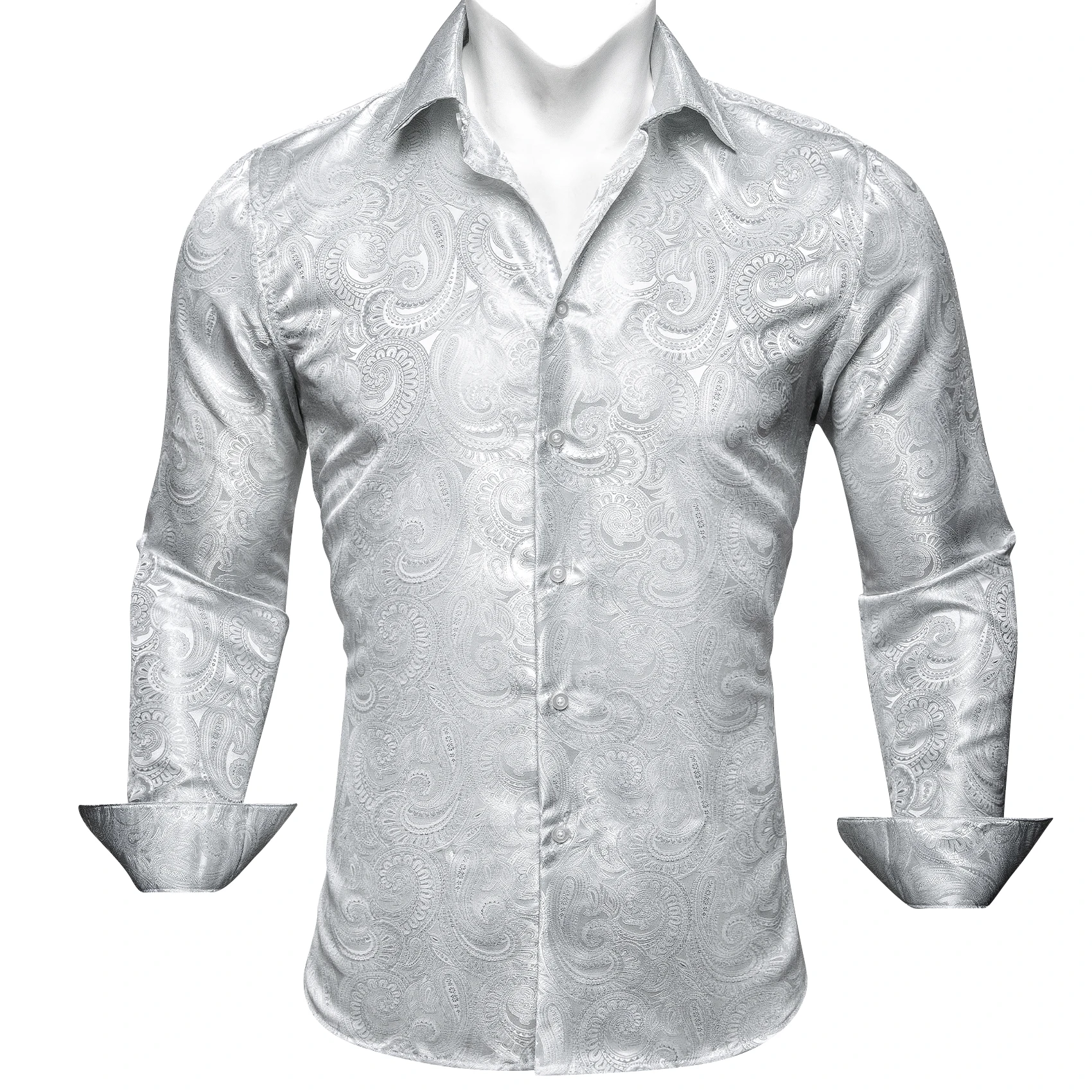 Роскошные шелковые рубашки для мужчин Белый серебристо-серый пейсли с длинными рукавами вышитые топы Формальные повседневные обычные приталенные блузки 612