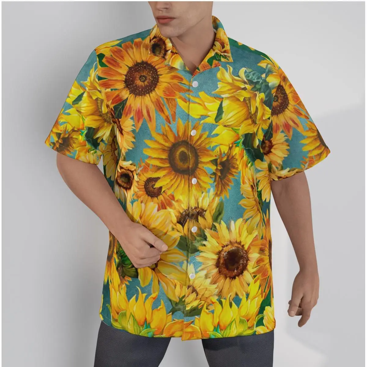 Мужская гавайская рубашка Красивые подсолнухи Живопись Пляж с коротким рукавом Лето Повседневная Пуговицы Пэчворк Топы 3D Рубашки