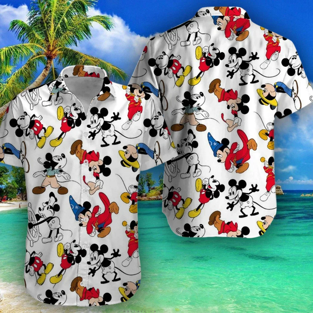 Микки Минни Комикс Гавайские рубашки Мужские женские повседневные рубашки с коротким рукавом Гавайские рубашки Disney Модные пляжные рубашки Детские