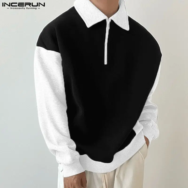 Повседневные топы в стиле уличной одежды INCERUN Мужская блузка контрастного цвета на молнии Мода Хорошо сидящий мужской пуловер Рубашки с лацканом S-5XL