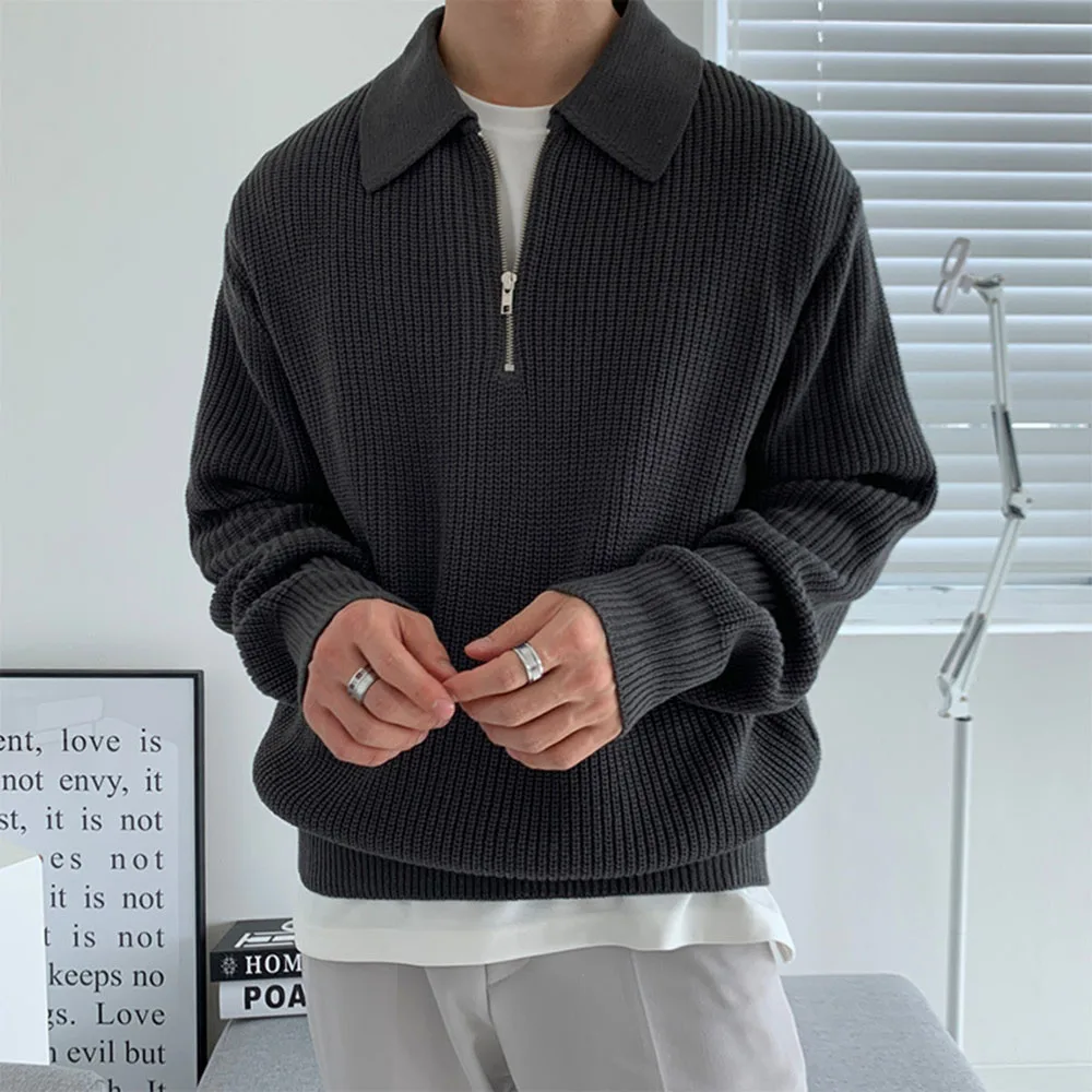 корейский стиль лацкан свитер осень зима мужчины теплая мода вязаный пуловер свободный свитер с длинным рукавом мужской джемпер одежда