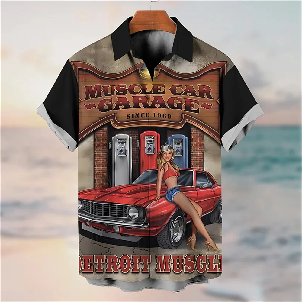 Сексуальная девушка-мотоциклист Гавайская рубашка Мужчина 2023 Летняя повседневная модная уличная рубашка с коротким рукавом для мужчин Вечерние топы Мужская рубашка