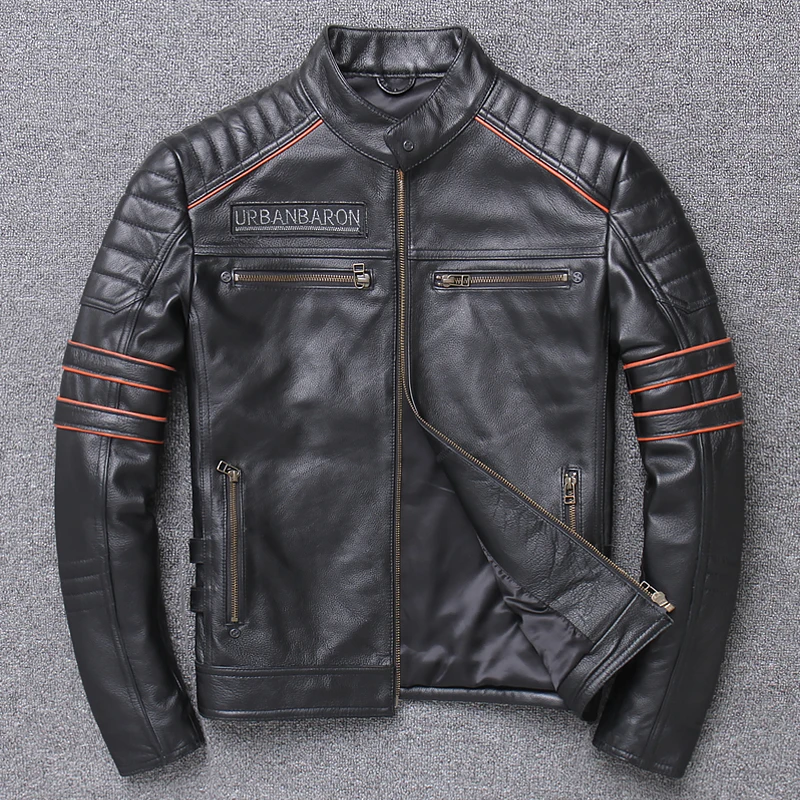 Мужская куртка из натуральной кожи 3D черепа мотоцикл винтаж толстая черная куртка из воловьей кожи мужской бренд дизайнер высококачественное пальто