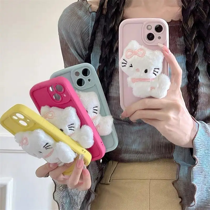 Симпатичный однотонный мягкий гелевый чехол для телефона Kawaii Sanrio Cartoon Плюшевая кукла Hello Kitty Подходит для Iphone 15 Полный пакет чехол для телефона