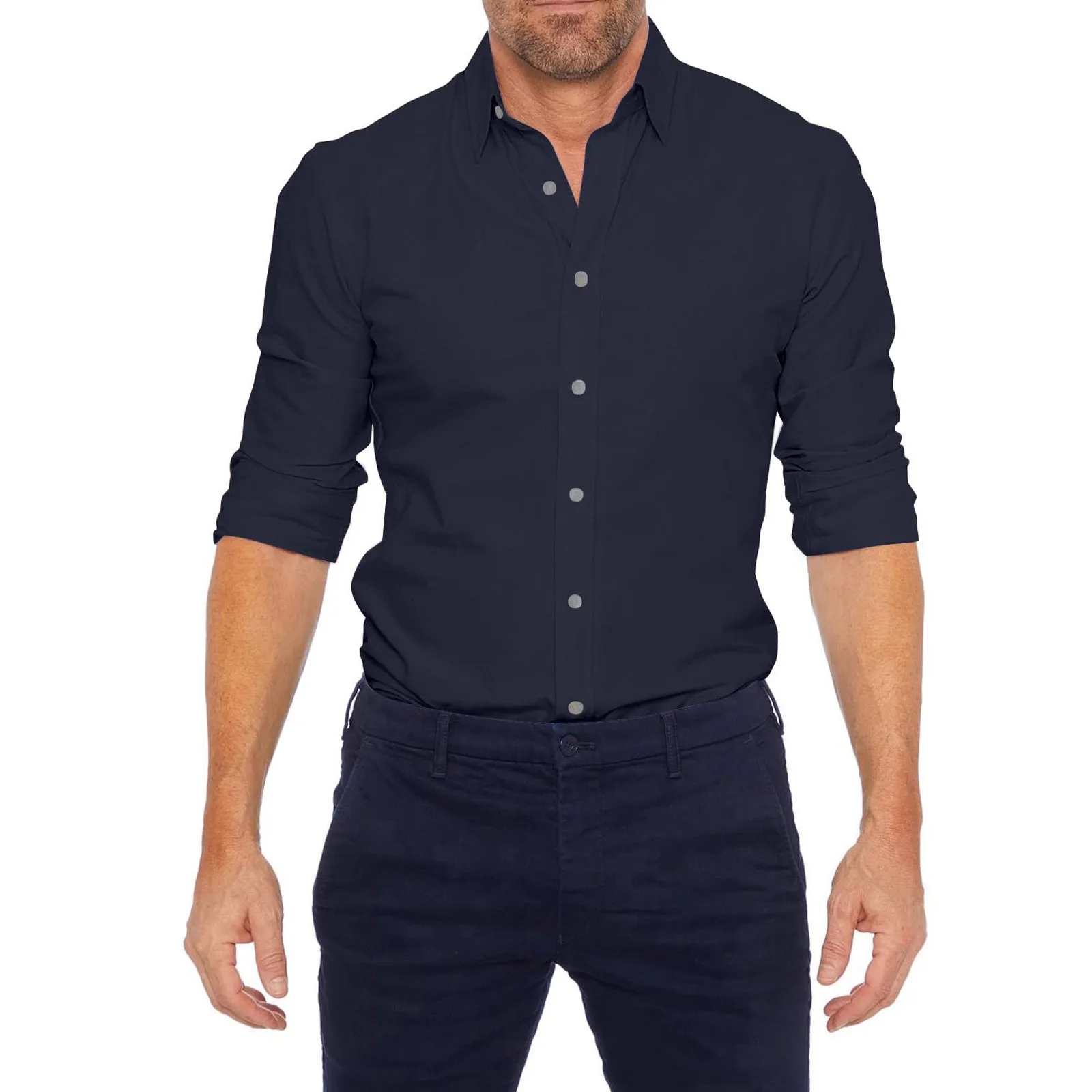 Мужские повседневные рубашки Мятые футболки Футболки с длинным рукавом Slim Fit Футболки Эластичные однотонные деловые рубашки на пуговицах для мужчин