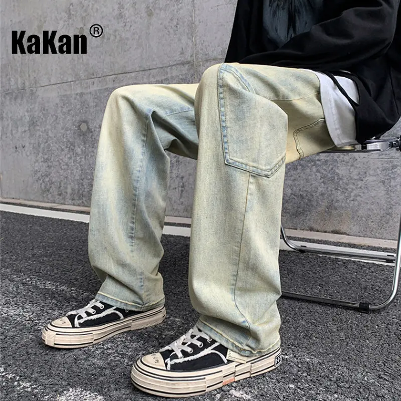 Kakan - Новые мужские джинсы, окрашенные в желтый цвет грязи, весны и летом, свободные джинсы с прямым рукавом в стиле ретро K024-M5820