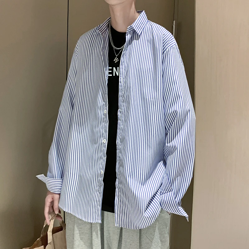 2023 Мужчины Корейская мода Рубашки с длинным рукавом 2023 Весна Мужская полосатая винтажная одежда Мужская хлопковая блузка на пуговицах P76