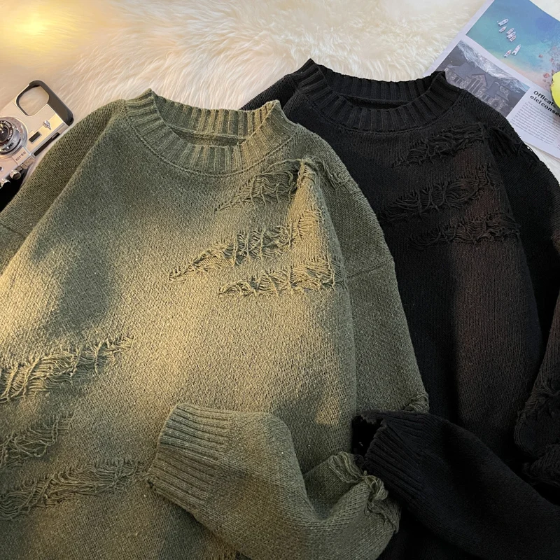 Осенний полый свитер Трикотажный свитер с длинным рукавом для мужчин Разорванные дыры Оверсайз Мужской пуловер Зимняя одежда Уличная одежда D02