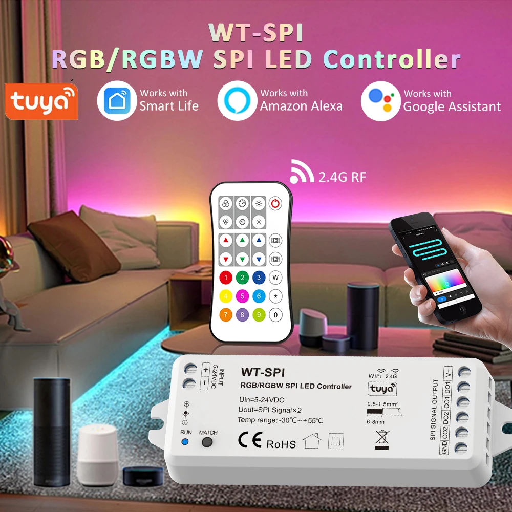 5 В 12 В 24 В Tuya SPI Светодиодный контроллер Пиксель WS2811 WS2812 WS2812B RGB RGBW Strip Light Controler RF 2.4G Дистанционное голосовое управление Alexa