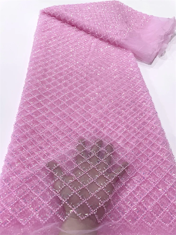 розовый роскошный африканский кружевной тканевой ткань с пайетками высокое качество 2023 тяжелый бисер вышивка французский тюль кружево нигерийское свадебное платье