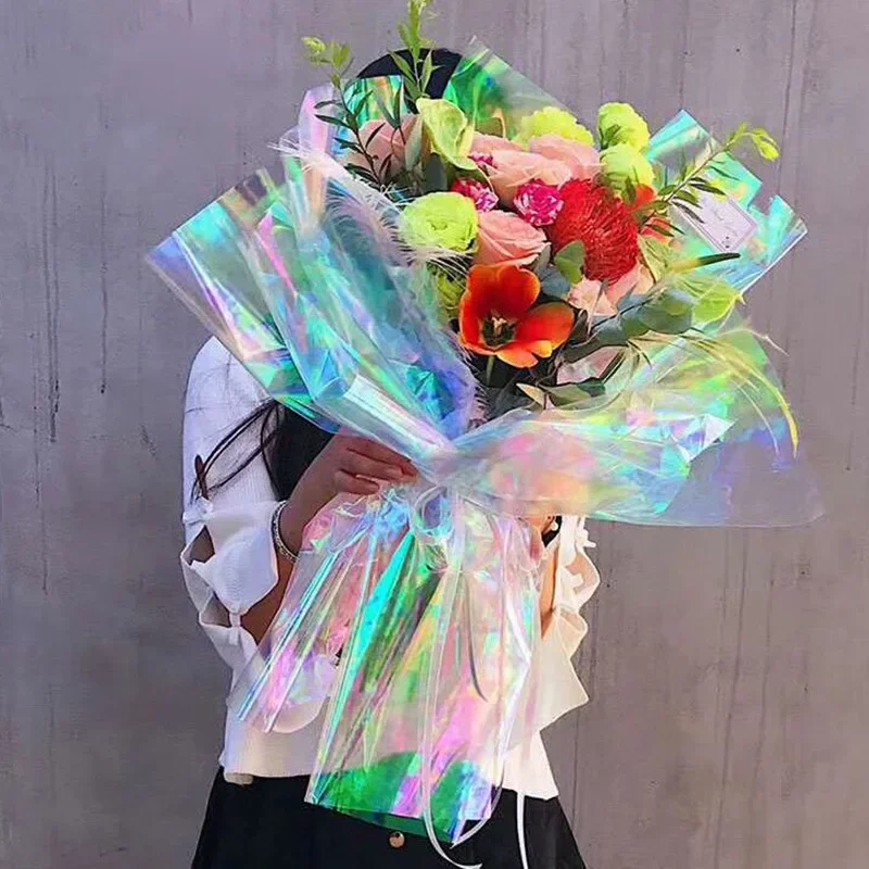 красочный градиентный лазерный бумажный прозрачный радужный пленочный обернутый свежий цветок бумага цветочный магазин букет упаковочные материалы