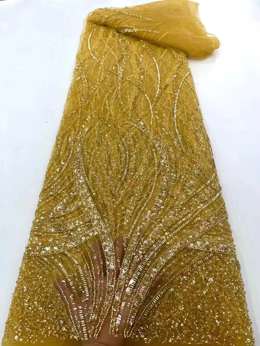 Желтая нигерийская свадебная кружевная ткань 2023 года Роскошная вышитая пайетками тюлевая кружевная ткань 5 ярдов для вечерних платьев