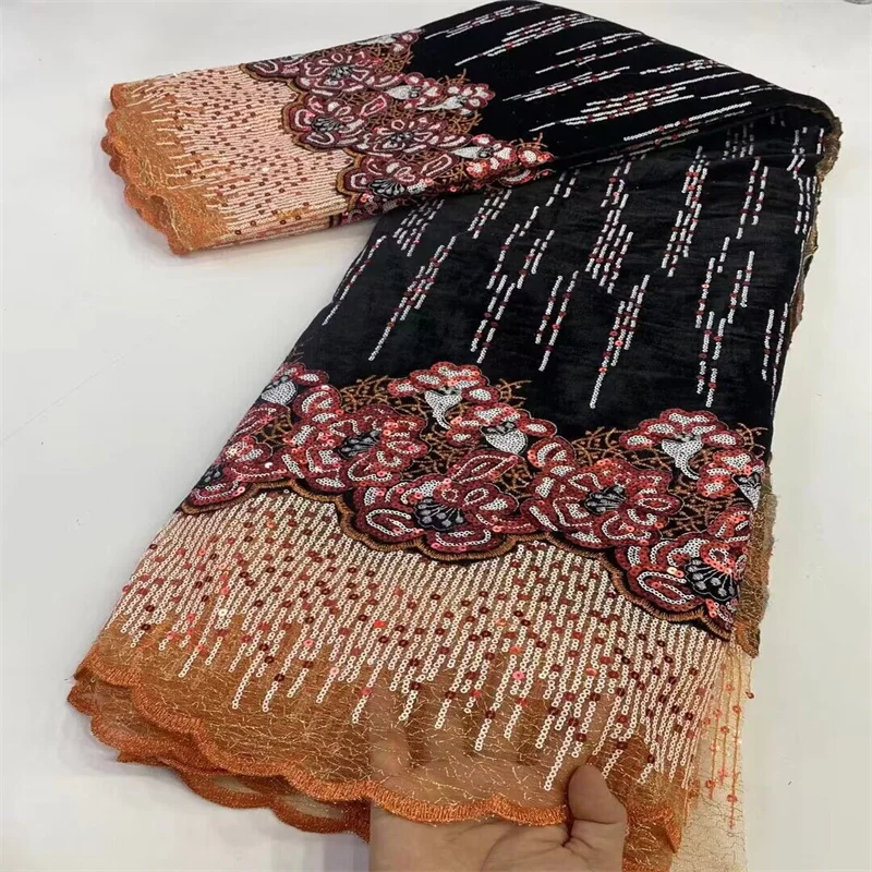  Африканская бархатная кружевная ткань 2024 года Черный высококачественный 5-ярдовый французский тюль с блестками нигерийская сетчатая ткань для шитья вечернего платья