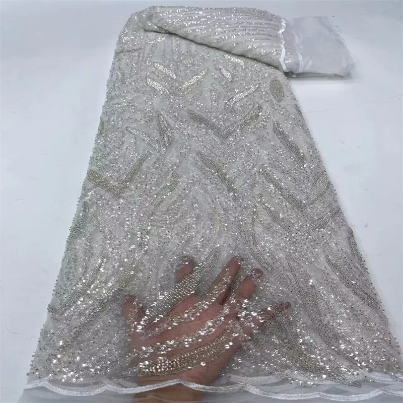 2024 Белая роскошная 3D кружевная ткань Новейшая Дубайская кружевная ткань из бисера тюля Вышитая аппликация Африканская нигерийская ткань для шитья