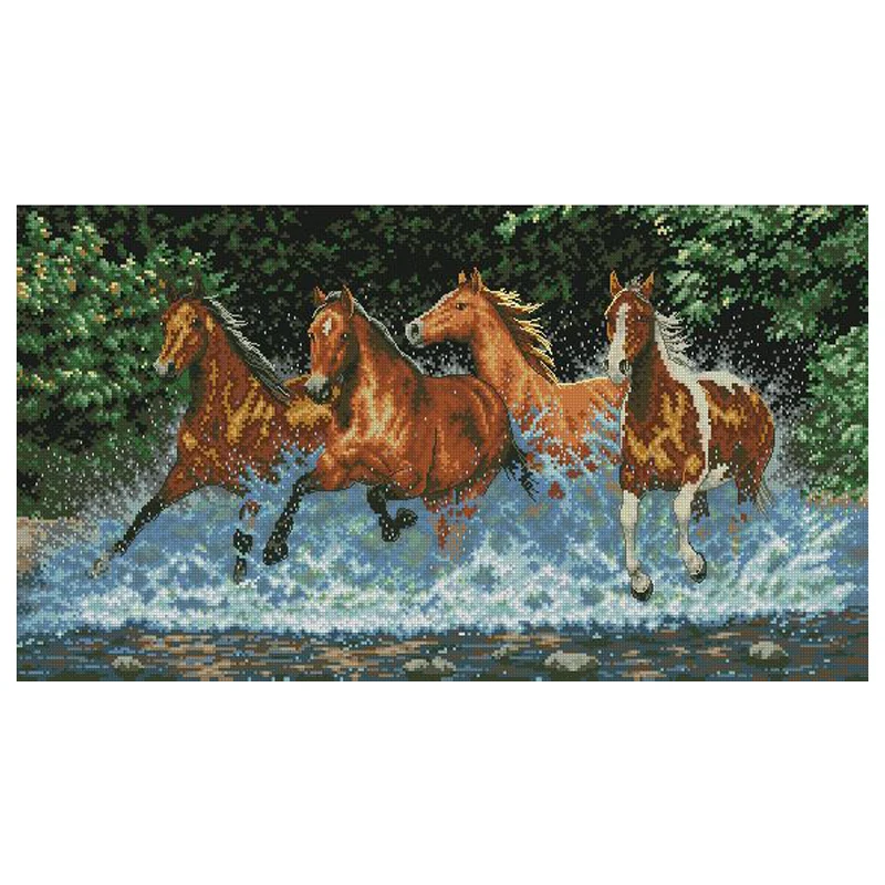 Amishop Бесплатная доставка Высокое качество Прекрасный Счетный Крест Набор Четыре Коричневые Лошади Лошадки С Водой Река Dim 35214