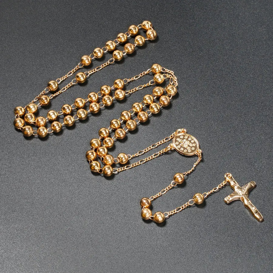 6 мм Металлические бусины Четки Ожерелья Для Женщин Мужчин Длинная Цепочка Распятие Крест Кулон Ожерелье Религиозный Praye Ювелирные Изделия