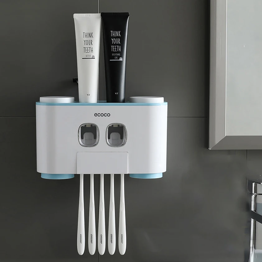 Настенный держатель для зубных щеток с 2 дозаторами зубной пасты 4 чашками и 5 слотами для зубных щеток Туалетные принадлежности Стеллаж для хранения в ванной комнате