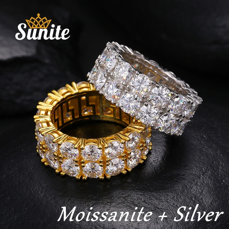 Sunite Около 15,0-каратного двухрядного кольца с муассанитовым бриллиантом для мужчин 925 пробы из стерлингового серебра Мощный мужской подарок Роскошные ювелирные изделия