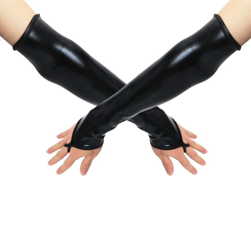 сексуальные длинные черные металлические перчатки синтетическая кожа рукава костюм новый