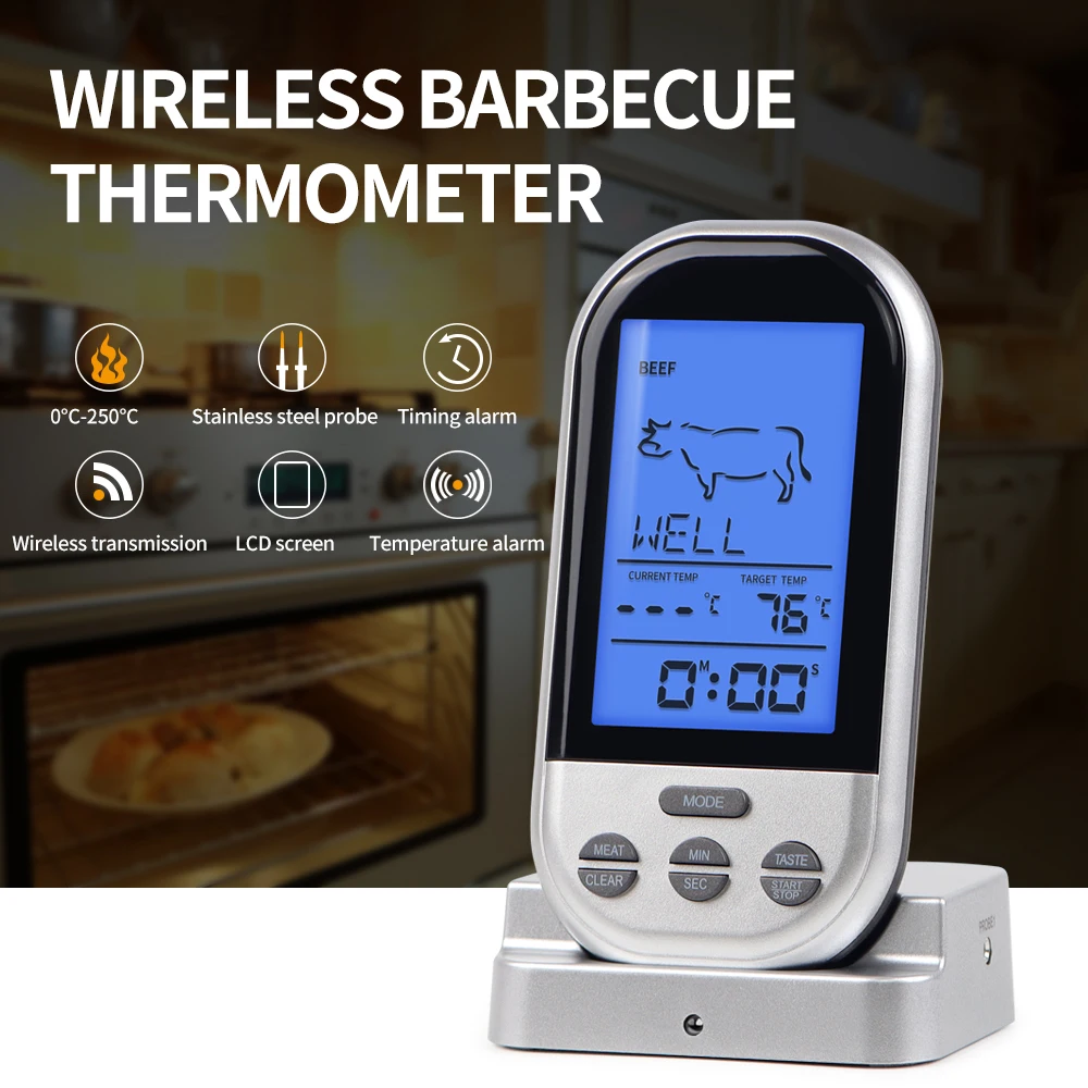 Беспроводной термометр для мяса Цифровой зонд Гриль Коптильня Барбекю Пищевая печь Кухонный термометр Инструменты для приготовления пищи для дома с таймером Будильник