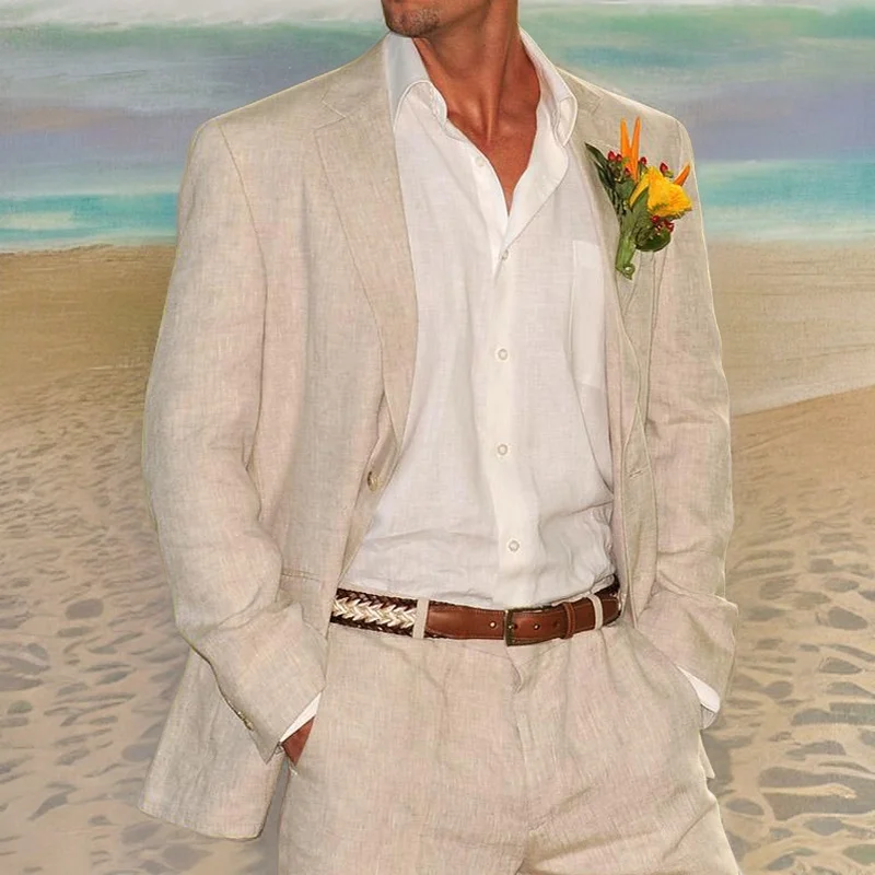 Бежевый льняной свадебный смокинг для мужчин Костюм из 2 предметов Летний пляжный стиль Американский стиль Мужская модная куртка с брюками 2023