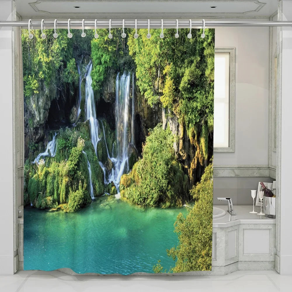 лесной пейзаж Шторы для ванной комнаты 3D Природный пейзаж Водопад Печать Душ Занавеска Набор Полиэстер Ткань Домашняя Ванна Декор