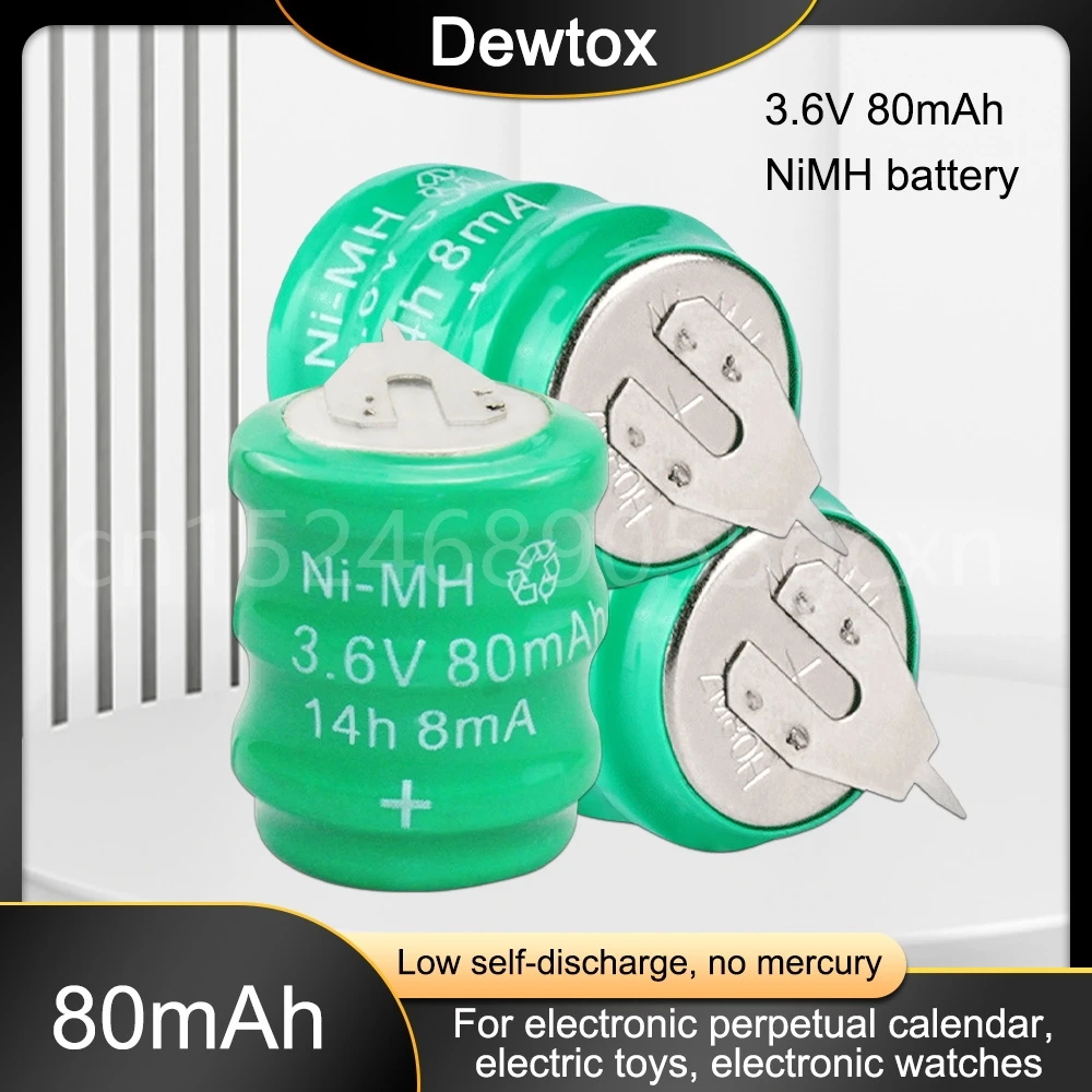 3,6 В 80 мАч Ni-MH аккумуляторные батареи со сварочными штифтами для солнечного водонагревателя Таймер Часы Светодиодные лампы NI MH Button Cell