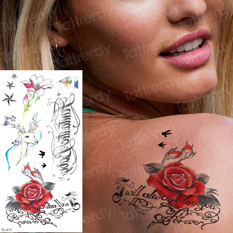 водонепроницаемые временные татуировки для женщин татуировка сексуальный цветок тела татуировка красная роза лось олень тату поддельная спина татуировки на руке единорог