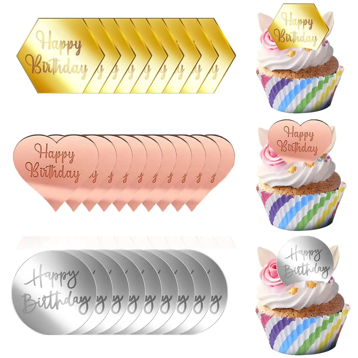 Акриловые золотые и серебряные топперы для торта ко дню рождения, круглые топперы для кексов, украшение десерта для вечеринки, с годовщиной дня рождения