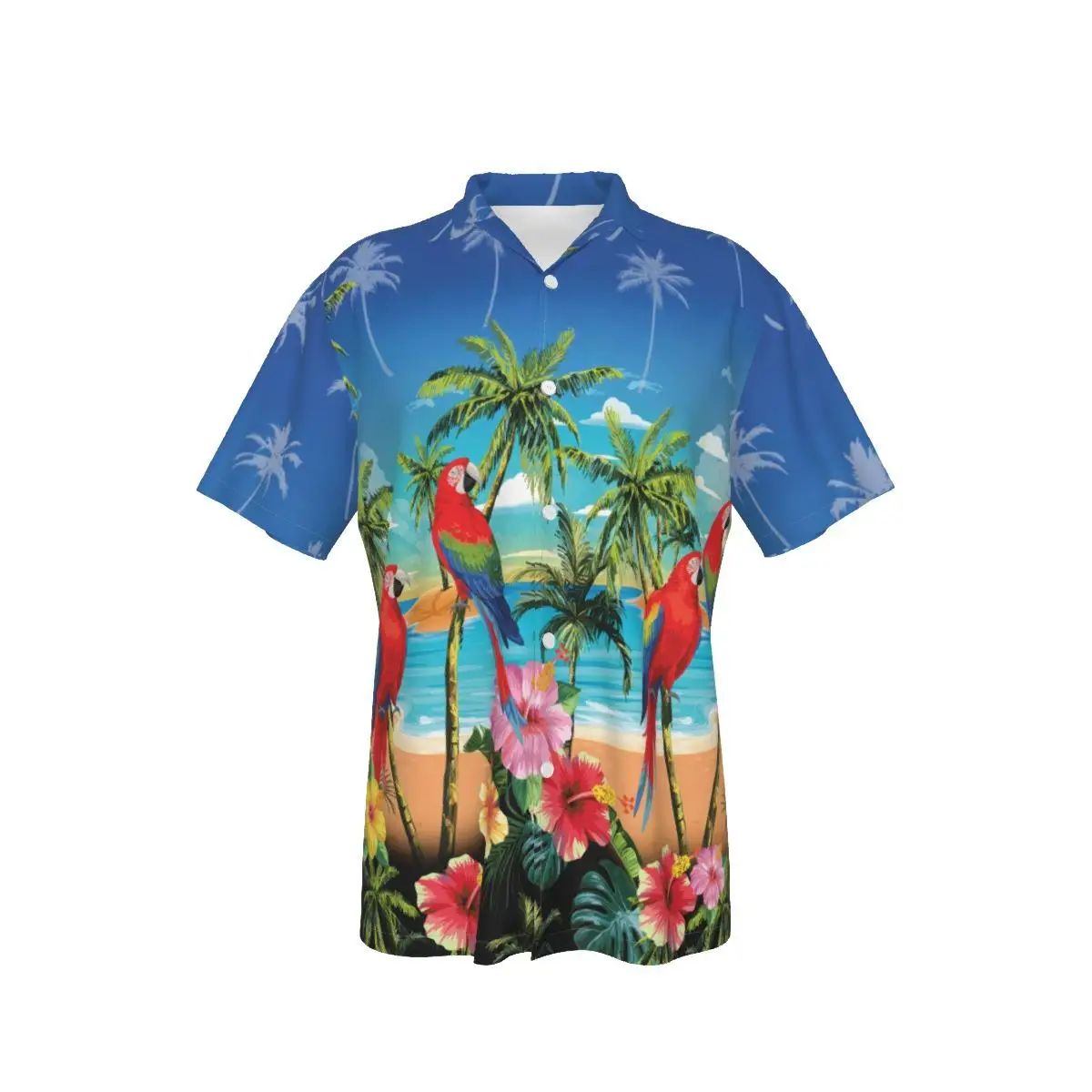 Гавайские рубашки для мужчин Попугаи Принт Пляж С коротким рукавом Синий Лето Повседневные Топы на пуговицах 3D Рубашки
