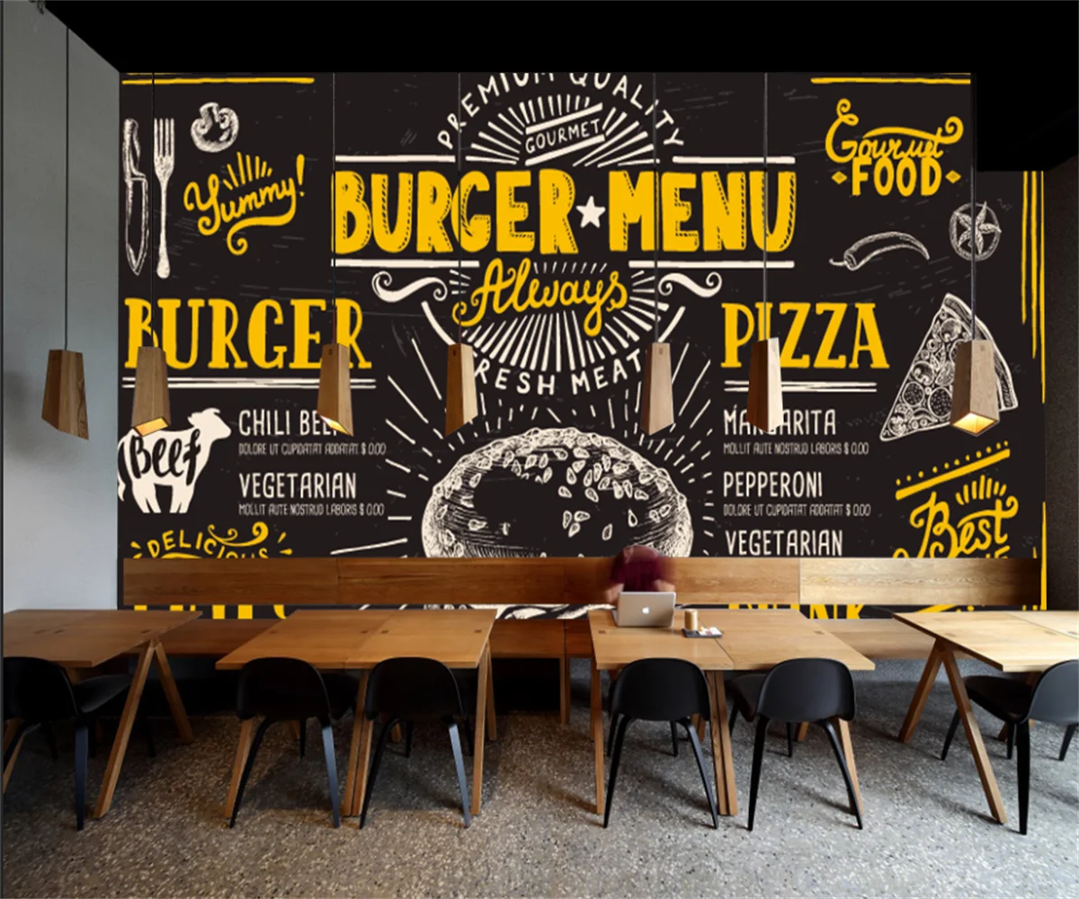 Пользовательские обои Черный фон Бургер пицца фреска ресторан инструменты фон стены фрески 3d обои
