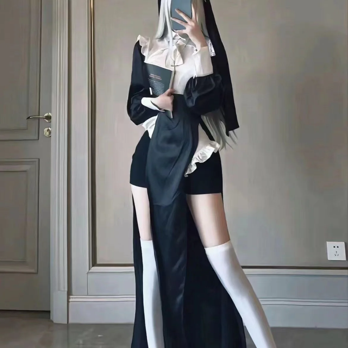 Аниме Vibrastar Сестра Косплей Сексуальная монахиня Платье с высоким разрезом + Боди с открытой спиной + Головной убор Полный комплект Хэллоуин Костюм Drop Ship