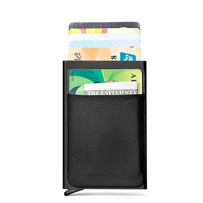 Алюминиевый сплав Автоматическая выдвижная коробка для карт Противоугонная щетка Сумка для банковских карт RFID Антиразмагничивающая маленькая черная сумочка для мужчин