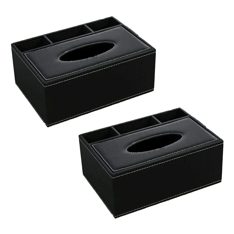 2X PU Tissue Box Держатель пульта дистанционного управления Многофункциональный настольный органайзер Контейнер для карандашей и ножниц (черный)